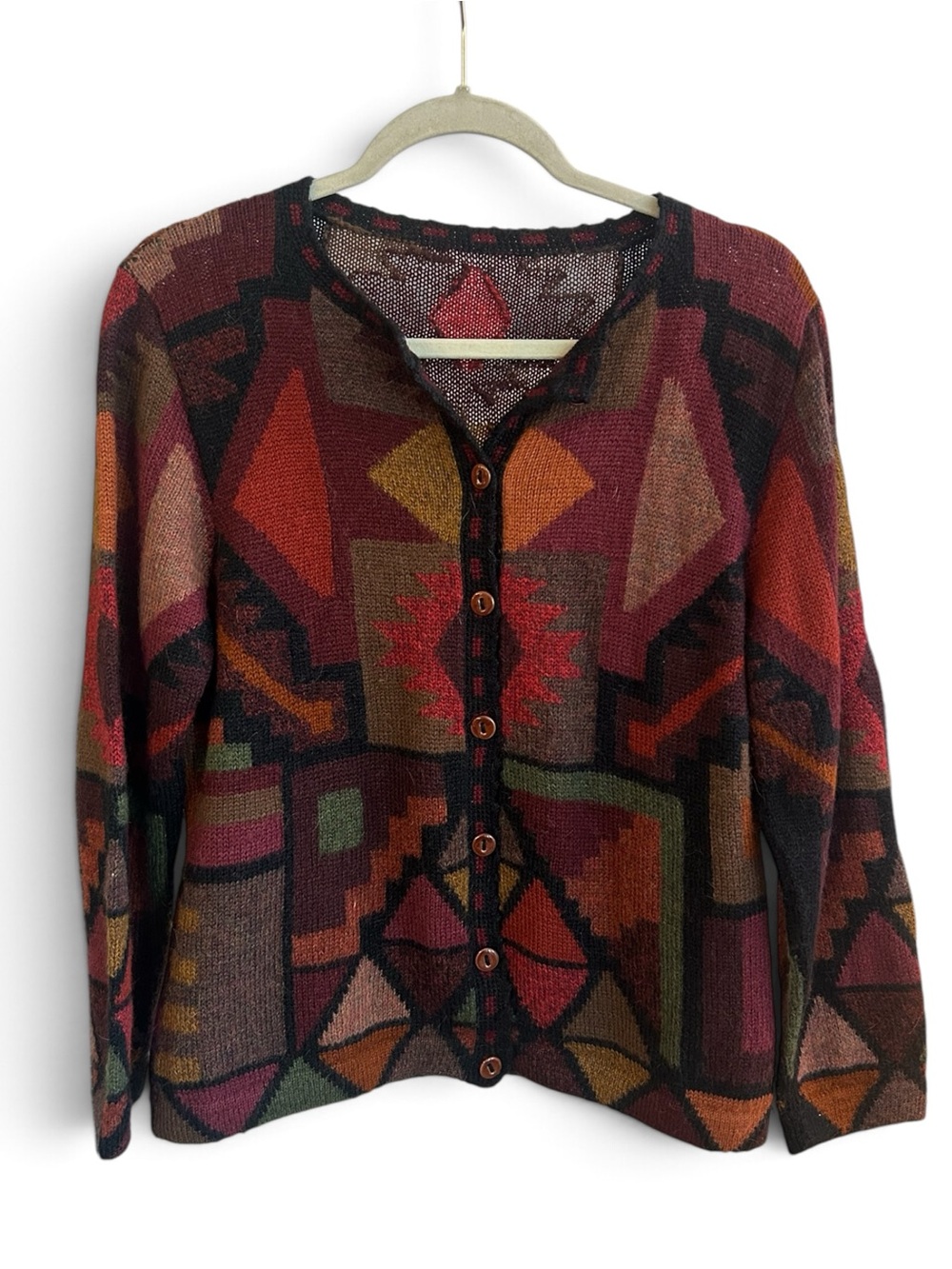 Peruvian Alpaca Women’s Geometric Button-Front Cardigan Sweater - Multi Rust M